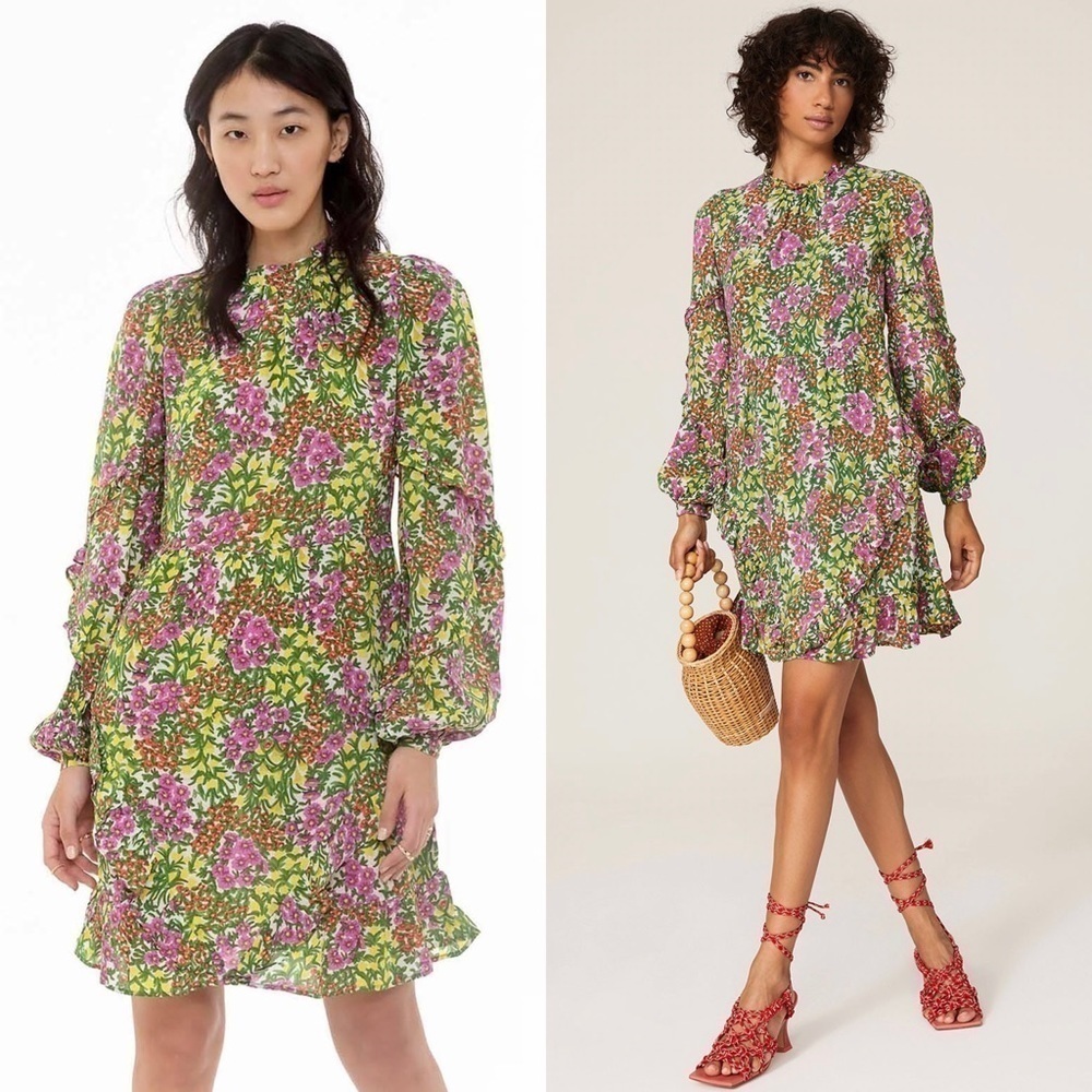 BANJANAN Floral Long Puff Sleeve Ruffled Trim High Neck Back Cutout Mini Dress S